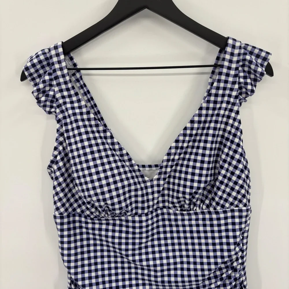 Kona Sol One‎ Piece Swimsuit Womens 16W Navy Blue Gingham Ruffle V-Neck Vacation